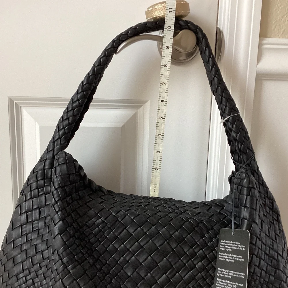 Falor Italy Handmade Black Woven Leather Large Shoulder Hobo Bag Magnetic Close